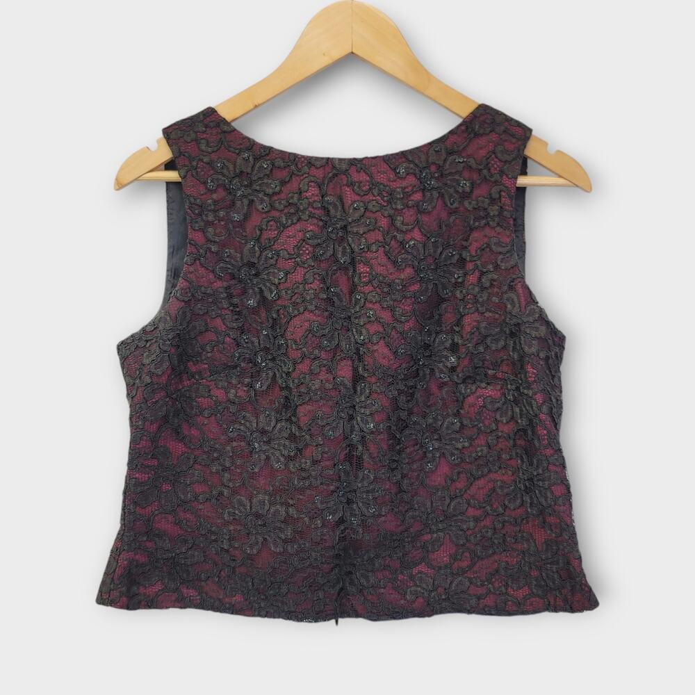 Vtg JR Nites Sleeveless Top Womens 12 Petite Cropped Maroon Black Floral Lace